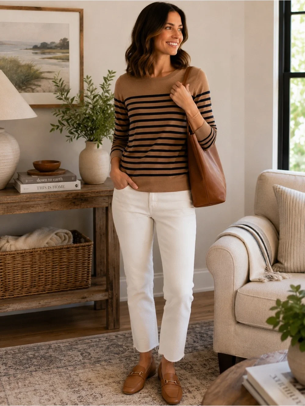 J.Crew Factory NWT 100% Cotton Striped Long Sleeve Tee | Camel & Navy | XS